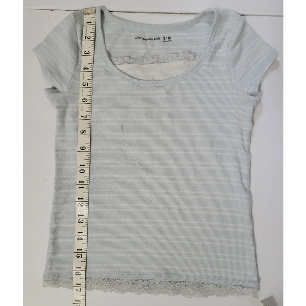 Abercrombie Kids Girls 9/10 Blue Striped Lace Trim Short Sleeve Top Y2K